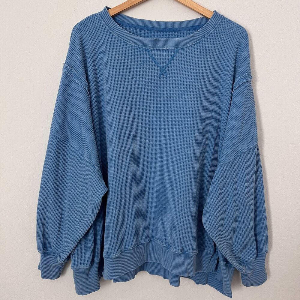 American Eagle Seriously Lived-In Waffle Knit Thermal Oversized Top Blue XL